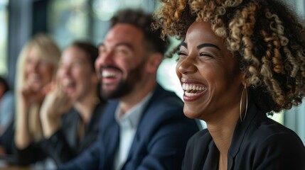 Obraz premium Joyful business meeting showcases diverse team laughing during presentation, fostering collaboration and promoting inclusivity in the workplace environment