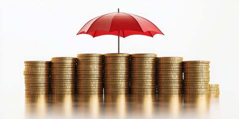 Golden coins tower beneath a vibrant red umbrella. A playful, reflective scene against a clean white backdrop
