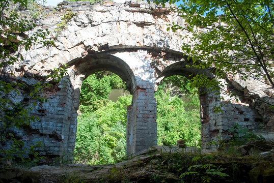 Defensive fortification, Tarakanovsky fort, ruins of the fortress. Large arched windows