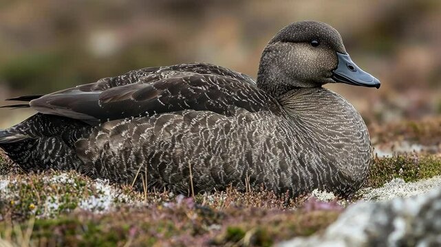 Female eider duck resting on a rocky shore in a tranquil coastal landscape during early morning light