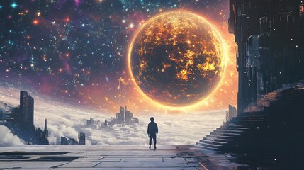 Obraz premium Ethereal Space Explorer Portrait with Futuristic Technology in Cosmic Setting