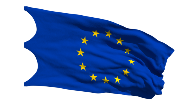 The European Union Flag. A Waving Banner with Twelve Golden Stars on a Blue Field