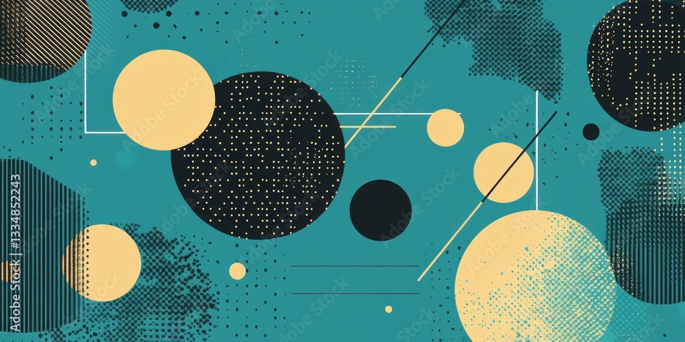 Poster abstract geometric design features circles lines and halftone patterns