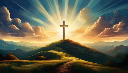 A serene digital landscape with a simple cross atop a gentle hill, light breaking through clouds, casting soft rays over peaceful surroundings at dawn.
