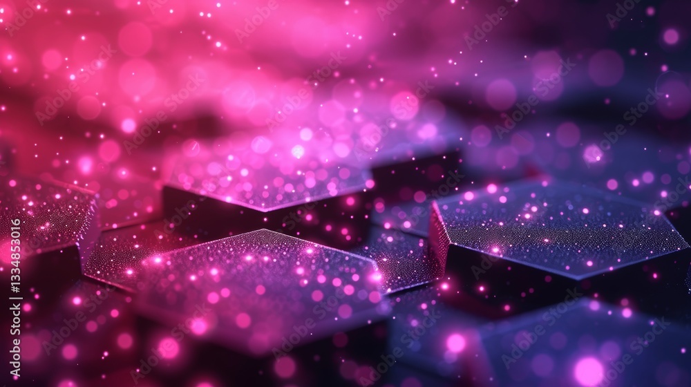 Poster luminous pink and purple abstract background featuring hexagonal shapes, bokeh lights, and glitter p