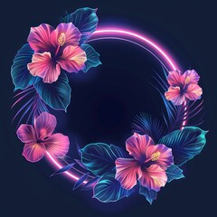 Obraz premium Luminous hibiscus flowers and tropical foliage arranged in a circular wreath illuminated by a vibrant neon glowing light against a dark background