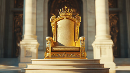 A golden throne is sitting on a pedestal in front of a building