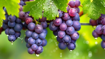 Luscious bunches of ripe grapes adorned with glistening water droplets, showcasing vibrant colors and freshness against a blurred background