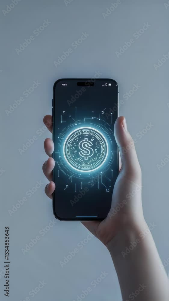 Poster a person holds a smartphone displaying a glowing digital dollar coin on the screen against a minimal