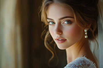 Fototapeta premium Beautiful bride in a flowing veil and elegant wedding dress, standing in a garden surrounded by colorful flowers and greenery.