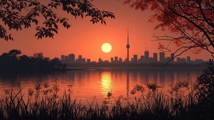Fototapeta premium Serene Sunset Over Urban Skyline with Reflections in Calm Water and Silhouetted Trees
