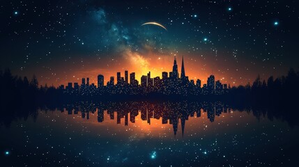 Majestic Urban Skyline Reflecting in Peaceful Waters at Twilight with Starry Night Sky