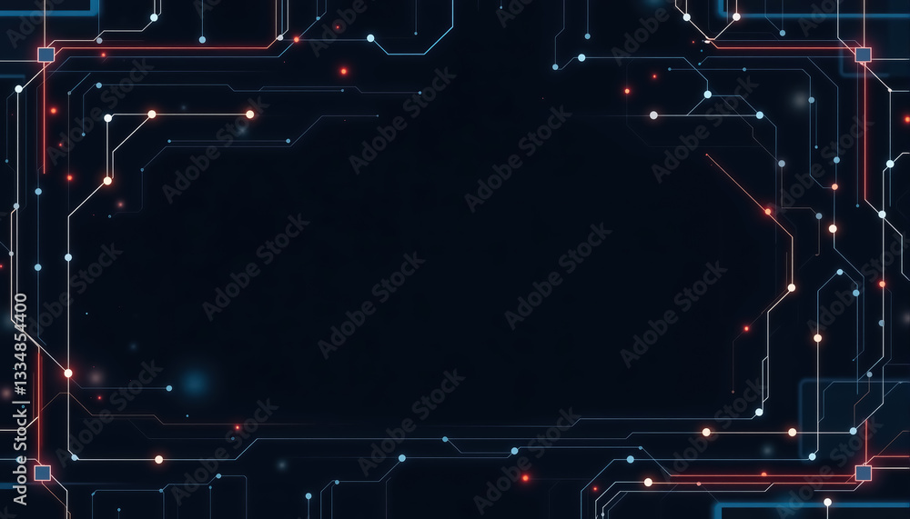 Poster Abstract electronic circuit board with glowing nodes lines and dark background Hi tech layout