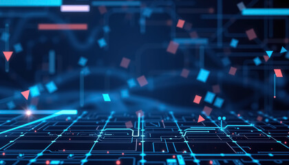 Abstract digital landscape with geometric shapes hovering above grid like circuit board