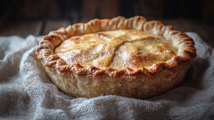 Freshly baked apple pie on rustic linen tablecloth, wooden background