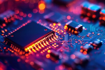 Obraz premium Nano-transistors on a Microchip Showcase Advanced Technology and Intricate Design in a Close-Up View of Semiconductor Innovation