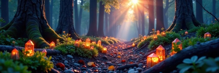 Glowing forest floor with crystalline formations, forest, radiant, natural