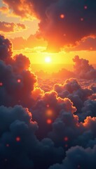 Glowing golden particles drifting through a cloudy sky at sunset, radiant, atmospheric, warm