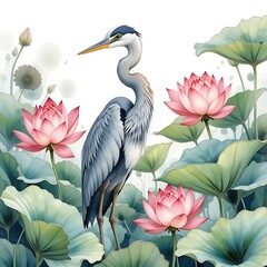 watercolor heron with lotus flowers, leaves. Hand-painted nature scene. Elegant bird, aquatic plants on white background