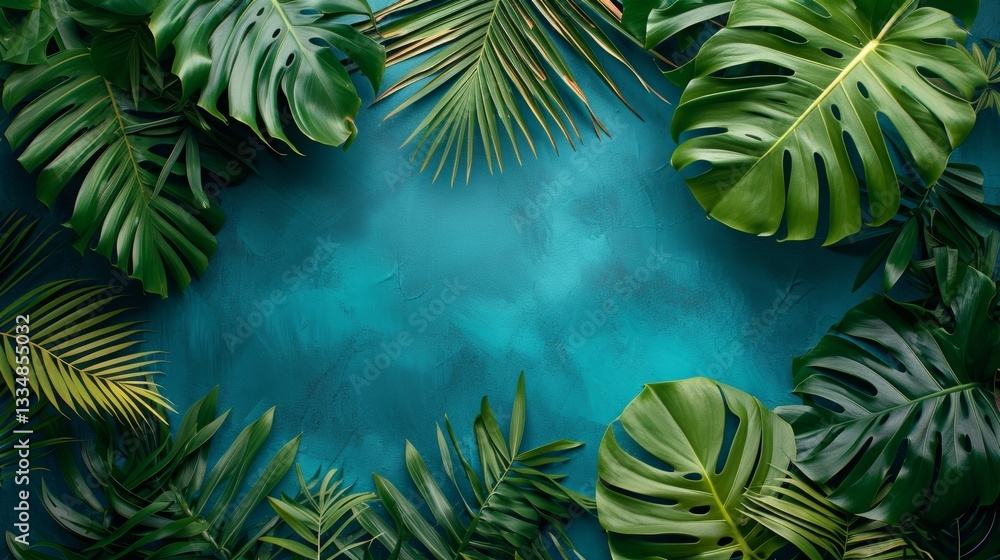 Poster lush green tropical foliage framing a textured teal backdrop creating a vibrant and natural border f