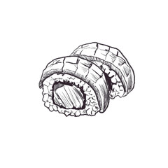 Vector freehand sushi scribble isolated on white background. Texture of writing materials. Handwritten Korean food doodles, pencil strokes. Drawing of a hand holding chopsticks and roll. Line art, ske