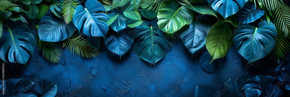 Poster lush tropical foliage composition with monstera and palm leaves creating a natural border against a 