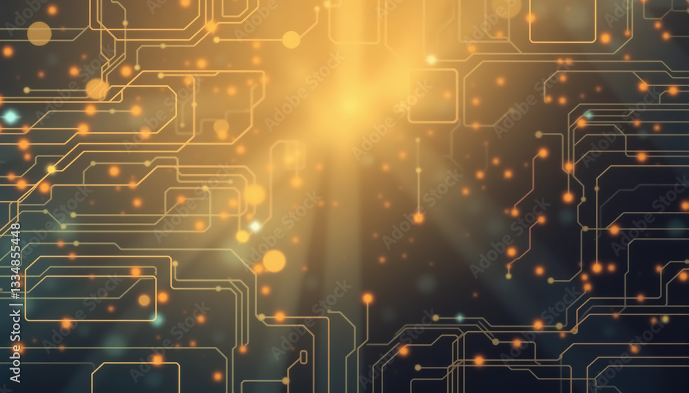 Poster Circuit board with glowing lines and dots symbolizing technology connection and innovation