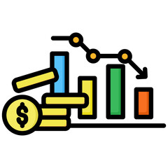 Down Market icon in Flat Color Style With Outline. Simple Vector Design. Simple Vector Flat Icon