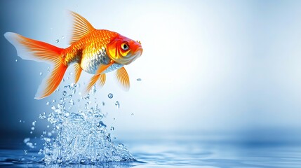 Goldfish in mid-air leap, vibrant orange scales, dynamic motion, clean blue water backdrop. Energy and freedom in nature's flow.
