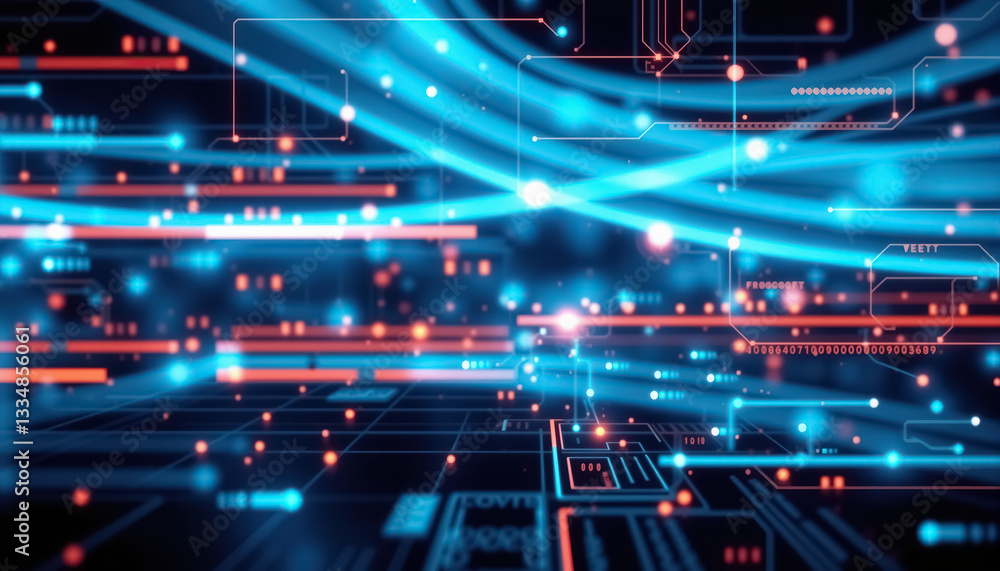 Poster Abstract blue and red digital network with glowing connections and flowing lines background