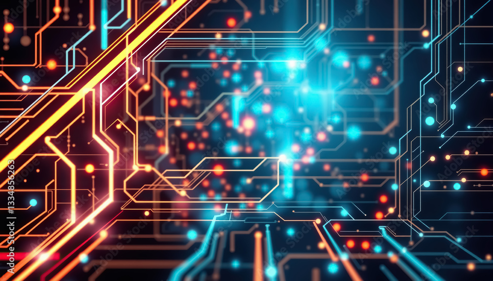 Poster Abstract glowing circuit board background with digital lines and light effects visualization