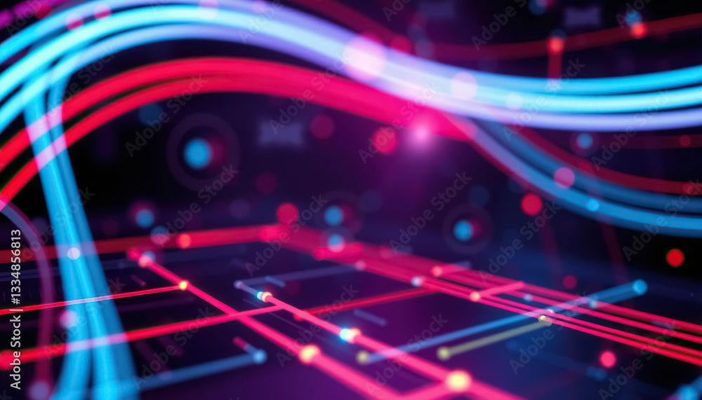 Fototapete abstract glowing network of red and blue lines intersecting on dark violet background