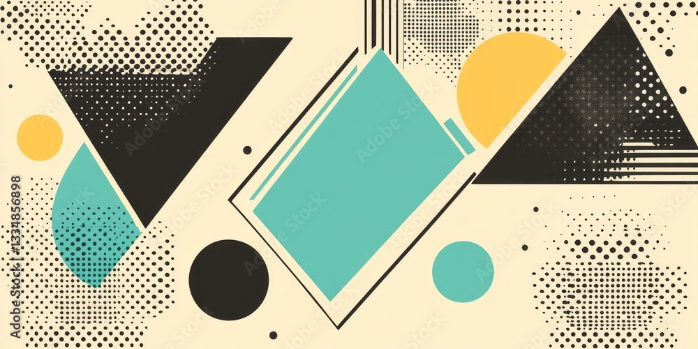 Poster graphic composition with geometric shapes dots and varied patterns