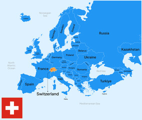 Obraz premium Switzerland vector map, Europe. Editable Vector map silhouette illustration isolated on Europe, highlighted at Switzerland, with flag, country name, border, and capital city.