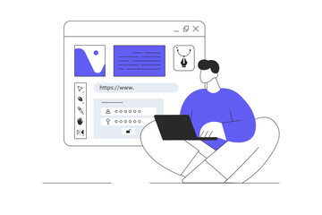 UX UI design concept. Interface elements and browser windows on webpage. Designer create user interface for digital screen. Flat Cartoon Vector Illustration, icon. Stylish abstract design UI and UX 