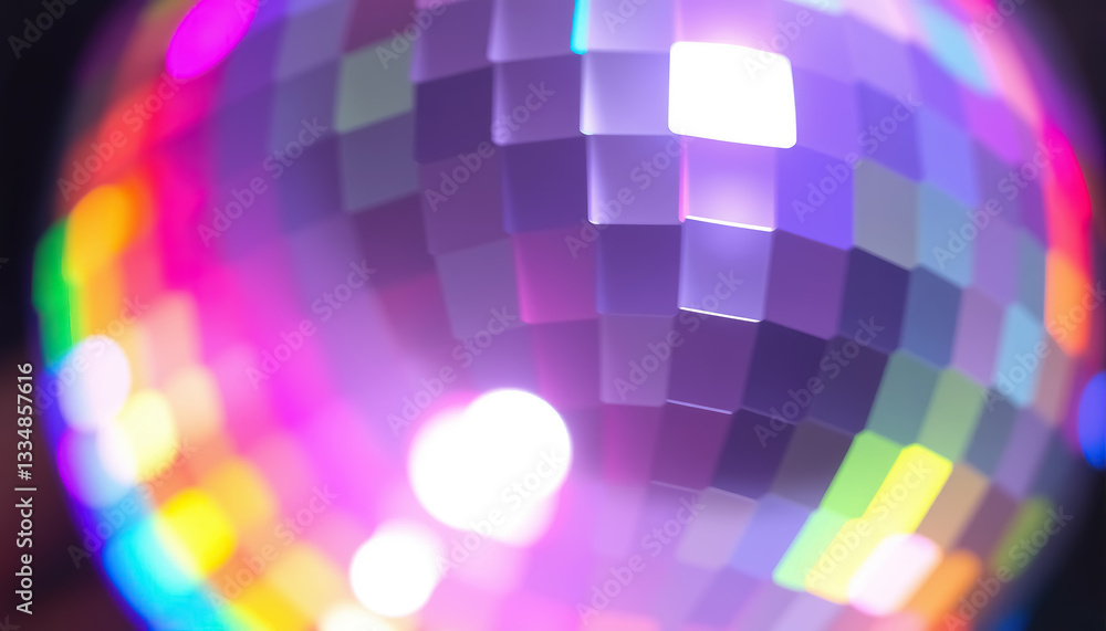Poster glittering sphere reflects vibrant light in array of pastel hues casting festive mood