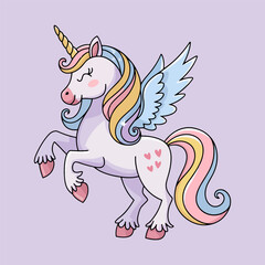 Cute Baby Unicorn Cartoon Vector Icon Illustration. Animal Nature Icon Concept Isolated Premium Vector. Flat Cartoon Style.A drawing of a unicorn with a rainbow on its tail