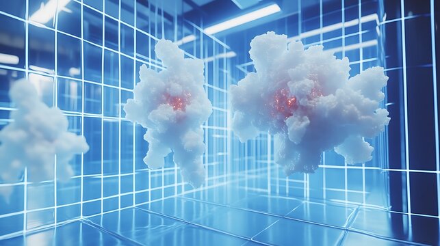 Glowing clouds in neon grid room.