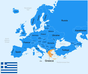 Obraz premium Greece vector map, Europe. Editable Vector map silhouette illustration isolated on Europe, highlighted at Greece, with flag, country name, border, and capital city.