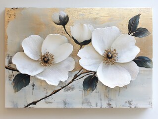 White flowers gold textured canvas art