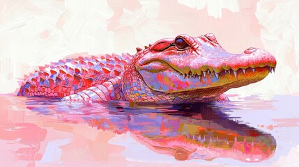 Vibrant Artistic Illustration of Alligator with Colorful Patterns and Reflections in Water