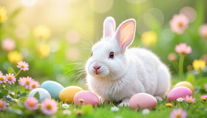 A pure white rabbit nestled among pastel Easter eggs and blooming wildflowers in a lush garden, celebrating spring joy.