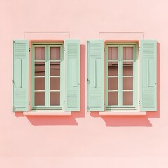 Pastel-toned building with mint green shutters