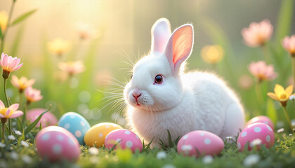 A pure white bunny nestled among colorful Easter eggs and delicate spring flowers in a lush garden with morning light, celebrating renewal and joy.