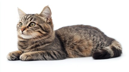 Obraz premium Lying tabby feline with a watchful expression, photographed against a pristine white background revealing its beautiful fur texture