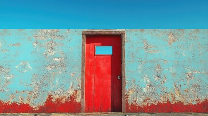 Red Door in Aged Walls Under Clear Sky