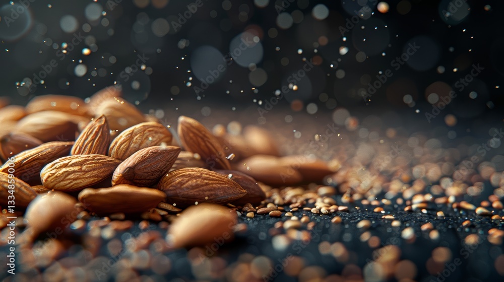 Poster macro close-up of almond nuts pile on dark textured surface with sparkling bokeh background, emphasi