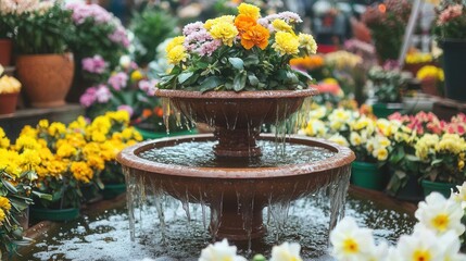 Serene Water Feature with Vibrant Spring Flowers