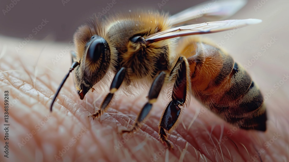 Poster macro detailed portrait of a bee on human skin showing intricate details and textures of insect and 