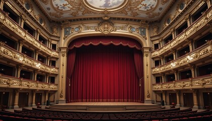 Obraz premium Empty Stage and Seating in a Grand Theater with Red Curtains